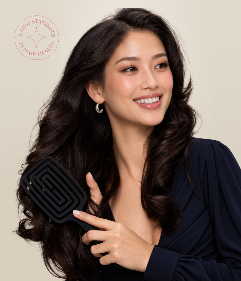Woman with a dark bob against a fashion editorial background